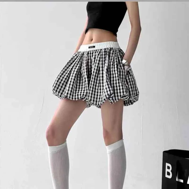 Sweet Pink Plaid Flower Bud Shorts Skirt Summer High Waist