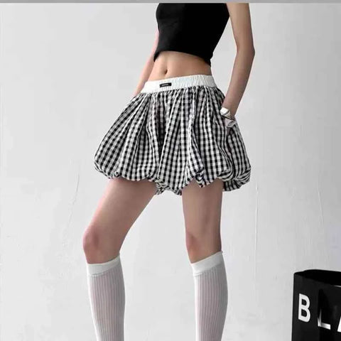 Sweet Pink Plaid Flower Bud Shorts Skirt Summer High Waist
