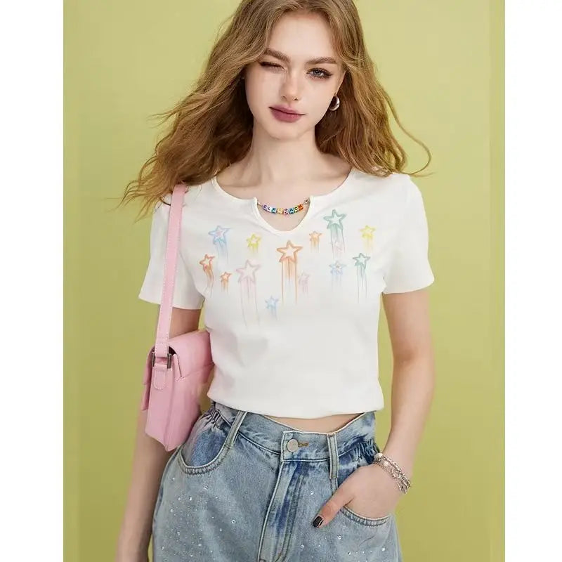 Women Summer Fashion Star Print Chain Slim Short T-Shirts - Vusy Kawaii Shop