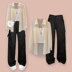 Korean Kawaii 3-Piece Set Chiffon Cardigan Cargo Pants - Vusy Kawaii Shop