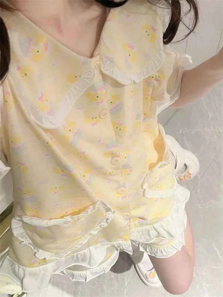 Sweet Sleepwear Women Pajama Sets Lingerie Cartoon Print Short Sleeve Tops Shorts Japanese Loungewear Kawaii Ruffles Pajamas New