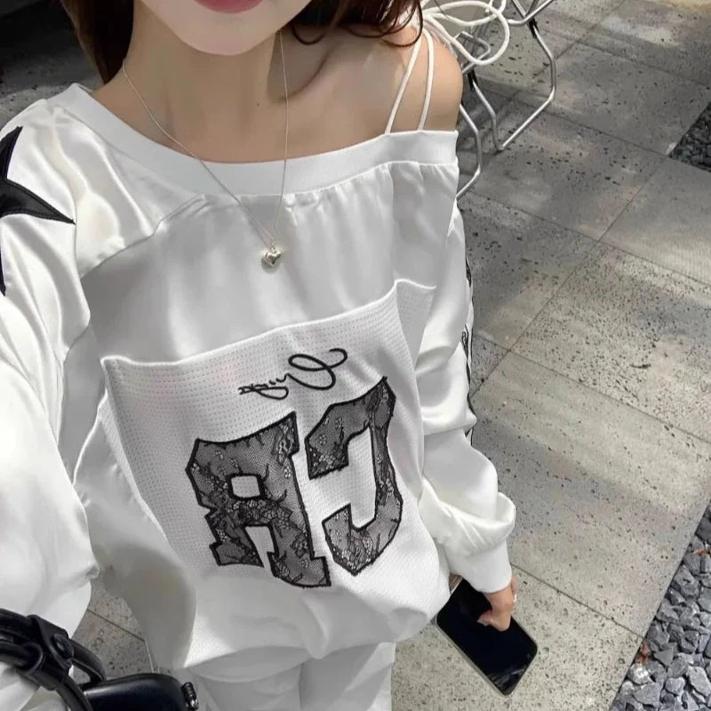 Aesthetic Lace Letter Hoodie Women Skew Collar Lace Up - Vusy Kawaii Shop
