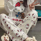 Kawaii Sanrios Hello Kitty Women's Pajamas Set Anime Cartoon Students Autumn Winter Polyester Long Sleeved Girls Nightwear Gift