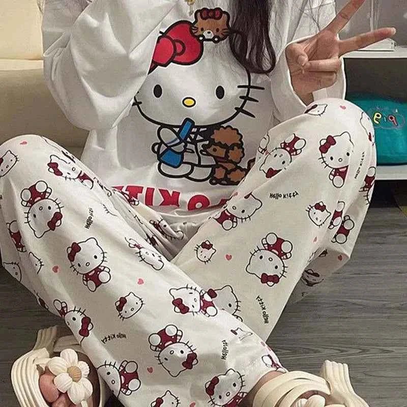 Kawaii Sanrios Hello Kitty Women's Pajamas Set Anime Cartoon Students Autumn Winter Polyester Long Sleeved Girls Nightwear Gift