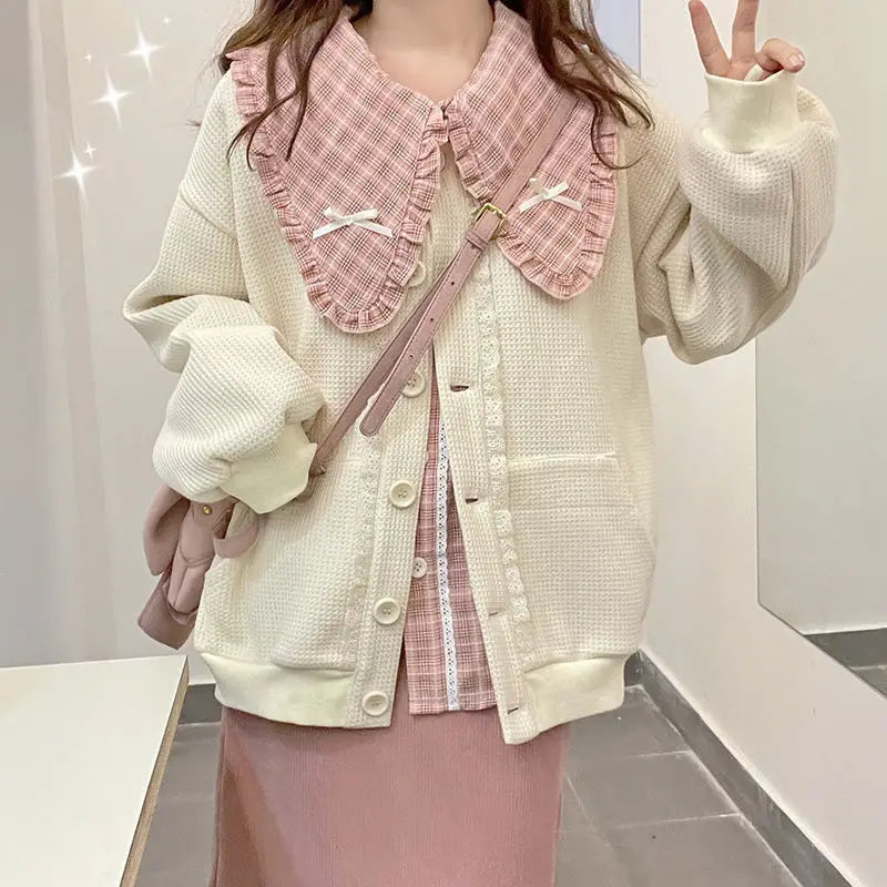 Autumn and Winter Set Students Korean Japanese Pink Check - Vusy Kawaii Shop