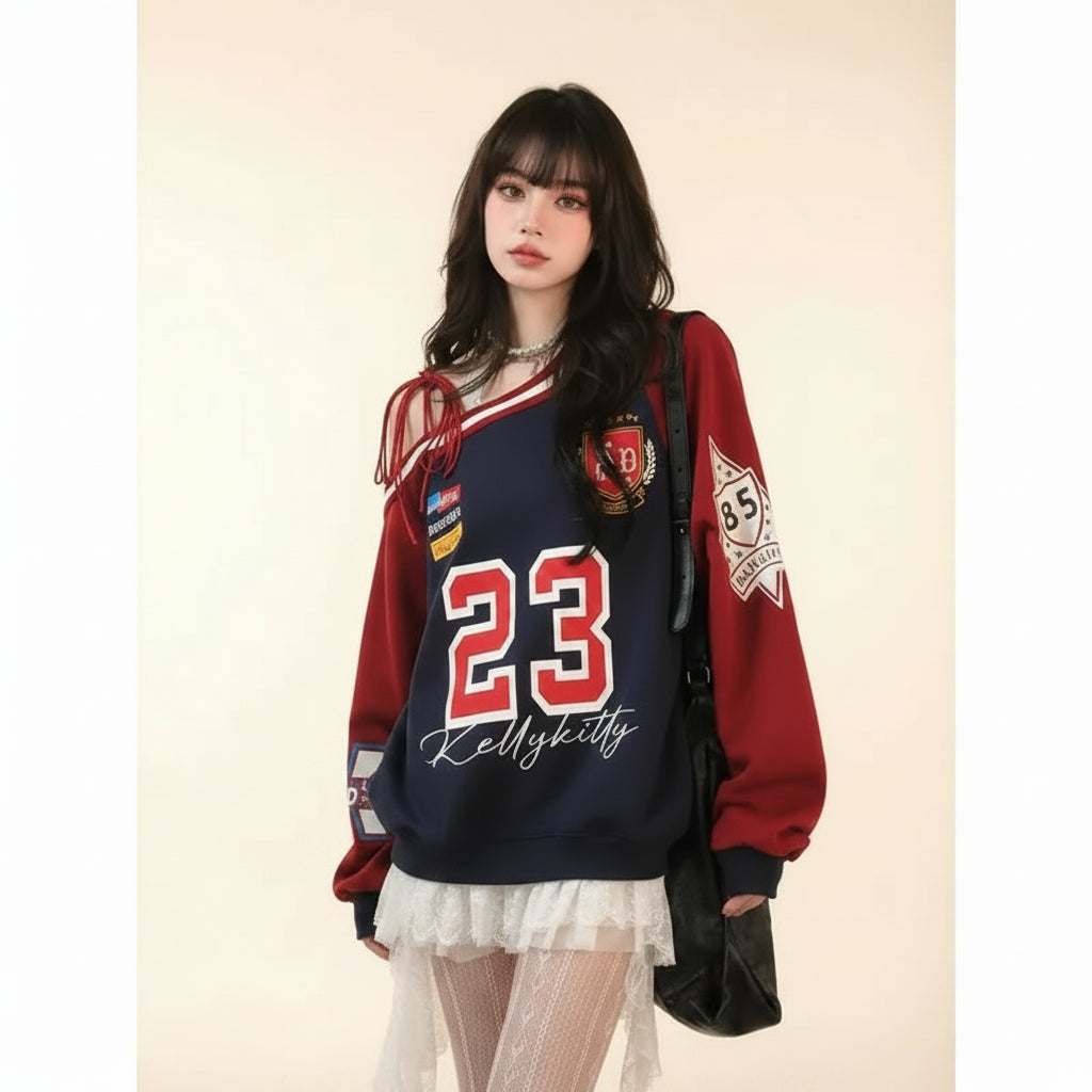 Loose Shoulder Strap Design Sweatshirt Early Autumn Sports - Vusy Kawaii Shop