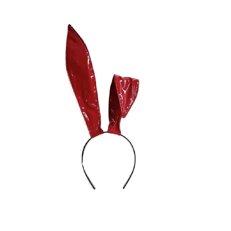 Red glossy rabbit ear headband with one flopped ear, front view on white background