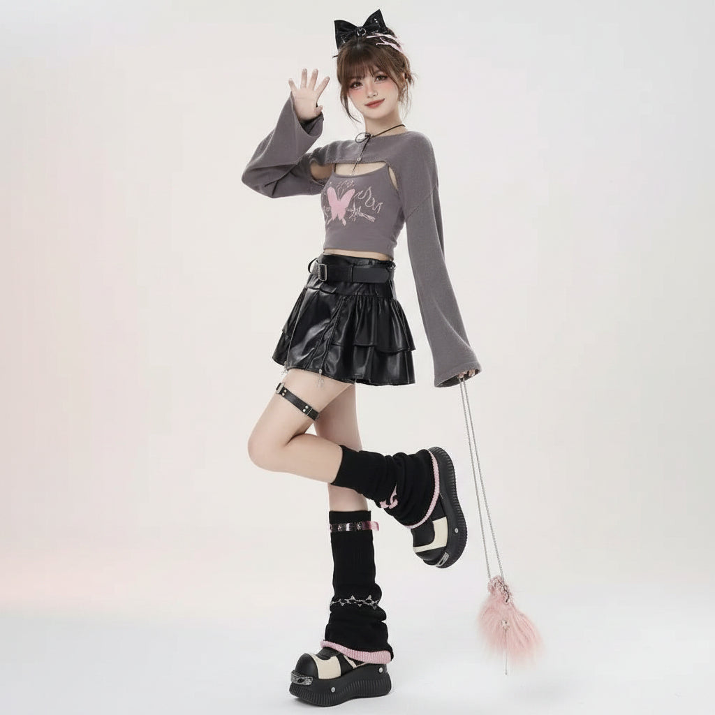 Autumn Girl Cover up Two Piece Knitted Top Print Strap - Vusy Kawaii Shop