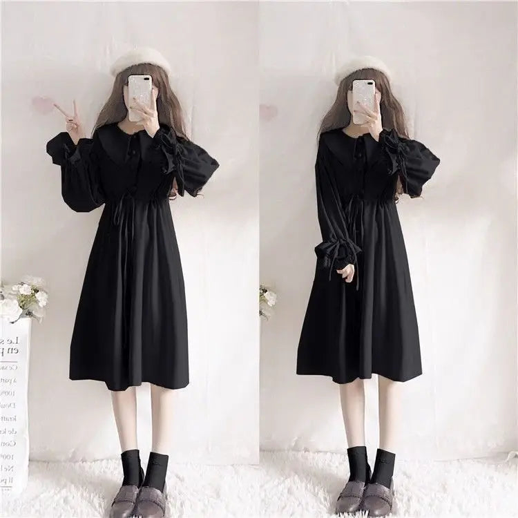 Kawaii Dress Suits 2022 Spring Autumn New Japan School Girl Student Doll Collar Long Sleeve Dress + Cape Shawl Two-piece Set - Vusy Kawaii Shop