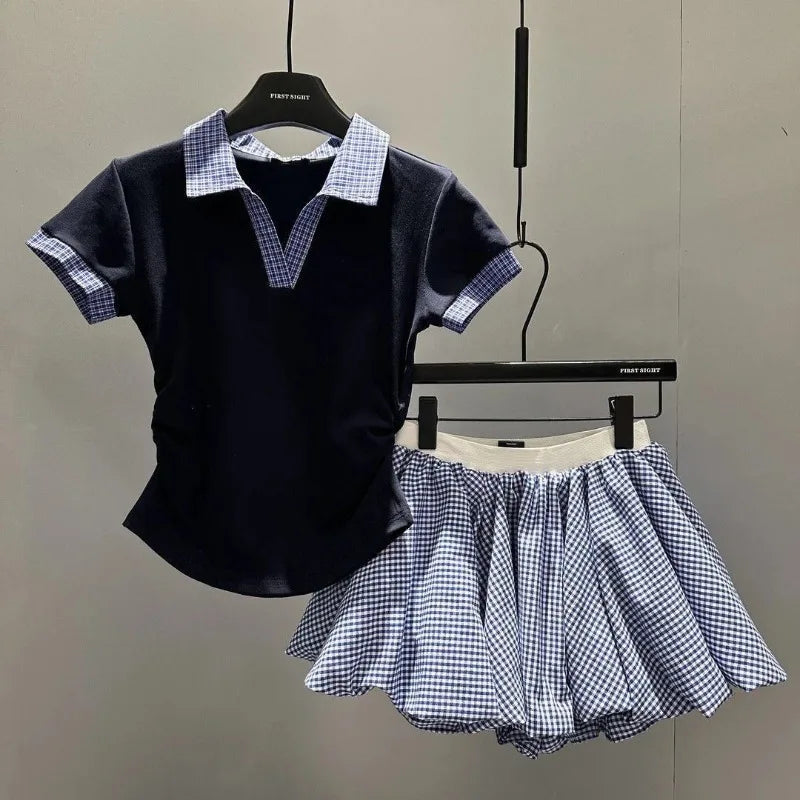 Summer Constrast Color Plaid Turn Down Collar Slim Waist T - Vusy Kawaii Shop