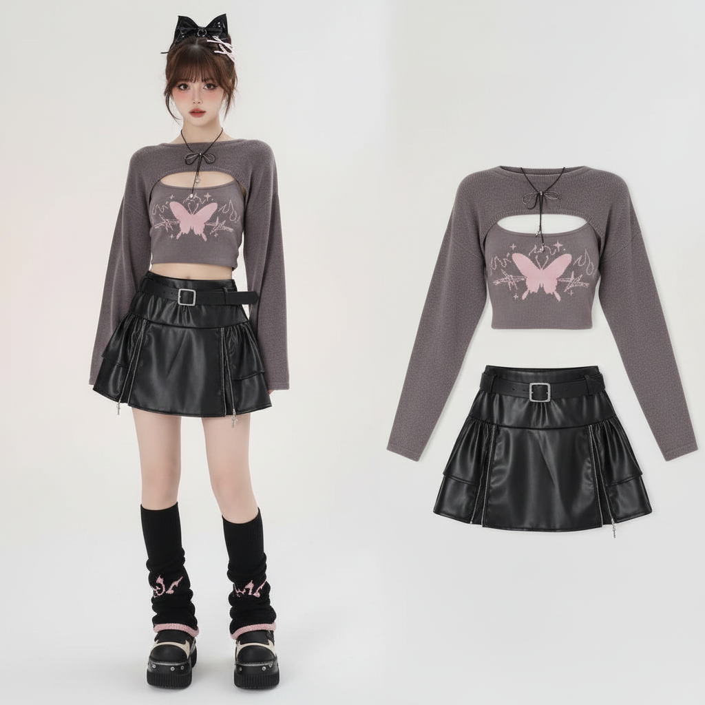 Autumn Girl Cover up Two Piece Knitted Top Print Strap - Vusy Kawaii Shop