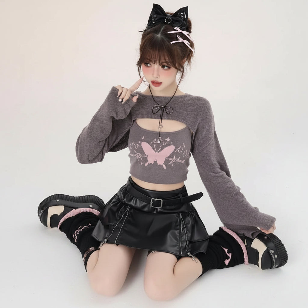 Autumn Girl Cover up Two Piece Knitted Top Print Strap - Vusy Kawaii Shop
