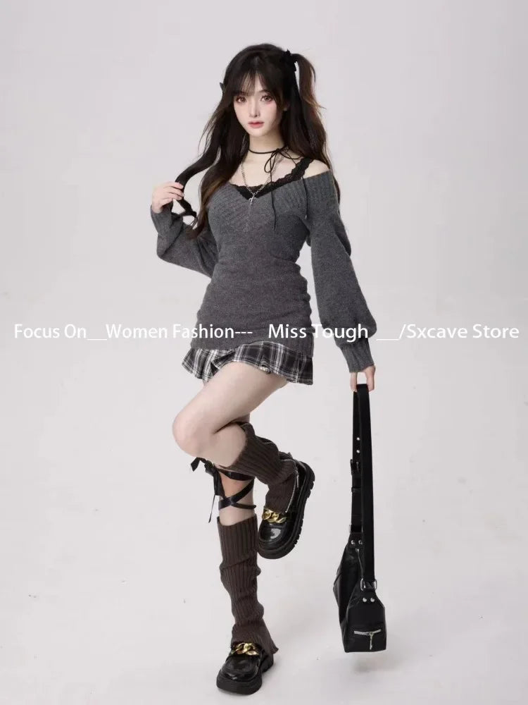 Knitted Suits Autumn Winter Woman V-Neck French Vintage Long - Vusy Kawaii Shop