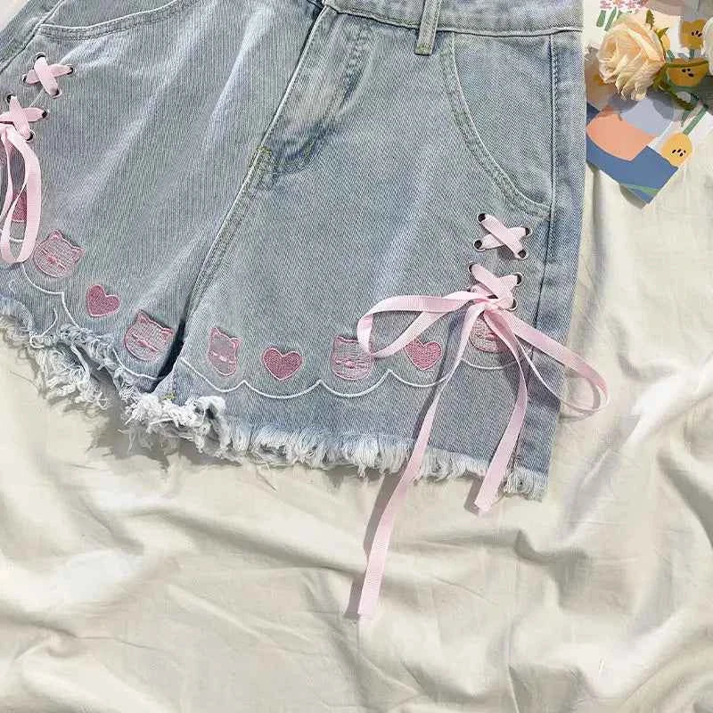 Japanese Sweet High Waist Embroidery Tied Bow Denim Shorts