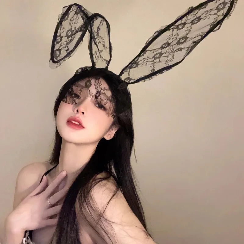 Black lace long bunny ear headband with matching lace face veil, front view