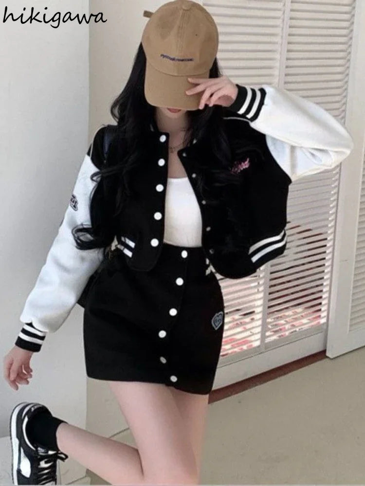 Fashion Two Piece Sets Outfits Letter Long Sleeve Crop Coat - Vusy Kawaii Shop