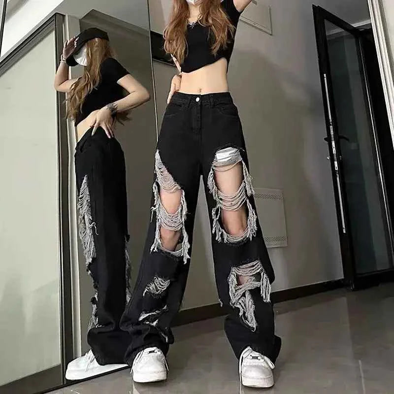 New Y2k Front-Rear  Broken Hole Jeans All-Match Distressed Women High Street Hip Hop High Waist Straight Loose Trousers