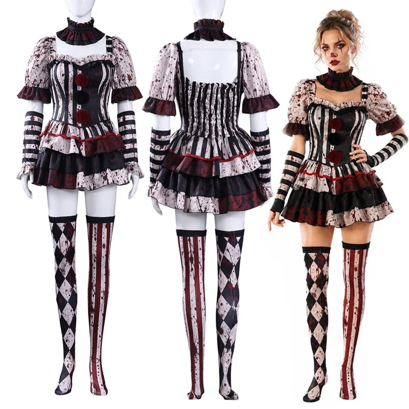 Bloody clown costume on mannequin front and back views plus model wearing the full set