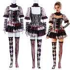 Bloody clown costume on mannequin front and back views plus model wearing the full set