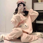Kawaii Hello Kittys Flannel Autumn Winter Thickened Warm Pajamas Women Casual Loose Round Neck Home Clothes Suit Cartoon Cute