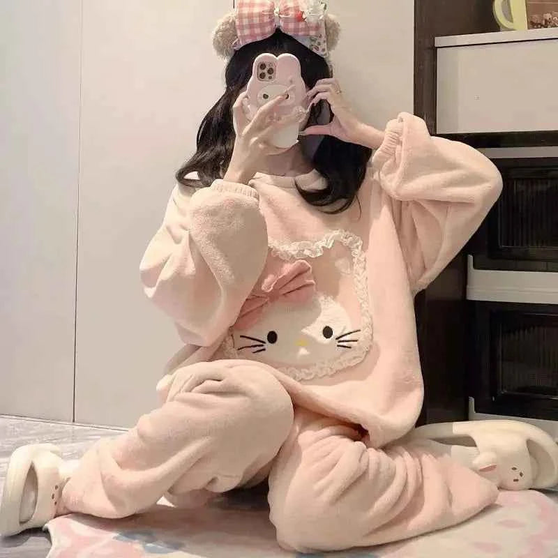 Kawaii Hello Kittys Flannel Autumn Winter Thickened Warm Pajamas Women Casual Loose Round Neck Home Clothes Suit Cartoon Cute