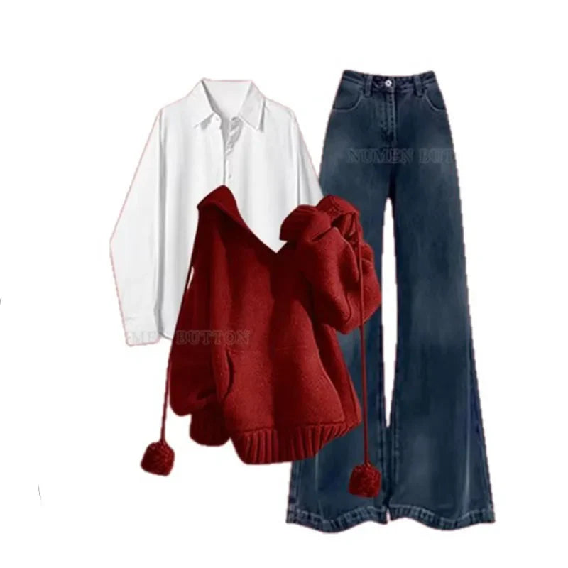 Red Hooded Sweater Shirt and Jeans Set, flat lay of white shirt, red hooded sweater and dark wide leg jeans