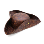 Brown distressed faux leather pirate tricorn hat, side view