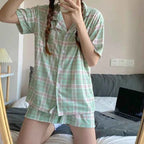 New Summer Ladies Plaid Printed Short-Sleeved Pajamas Set Japanese Casual Loose Short-Sleeved Shorts Homewear Two-Piece Suit