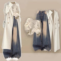 Cream Wool Coat Sweater and Wide Leg Jeans Set