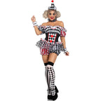Checkered thigh-high socks with harlequin clown costume, leg detail