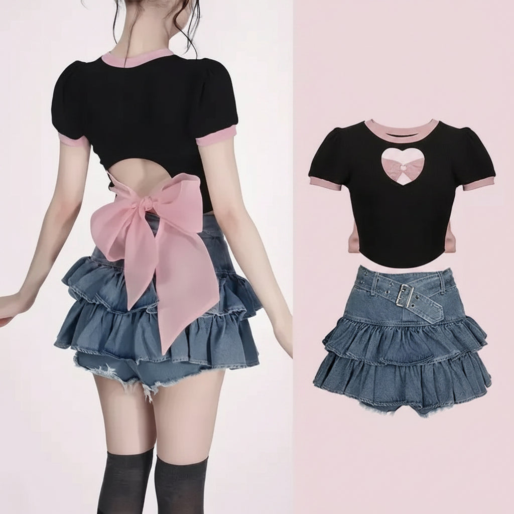 Skirt Set Bow Tie Love Hollow Out Crop Top Denim Ruffled - Vusy Kawaii Shop