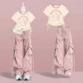 Koreanisches Frühlings-Sommer-Set, kurzärmliges T-Shirt und Pink