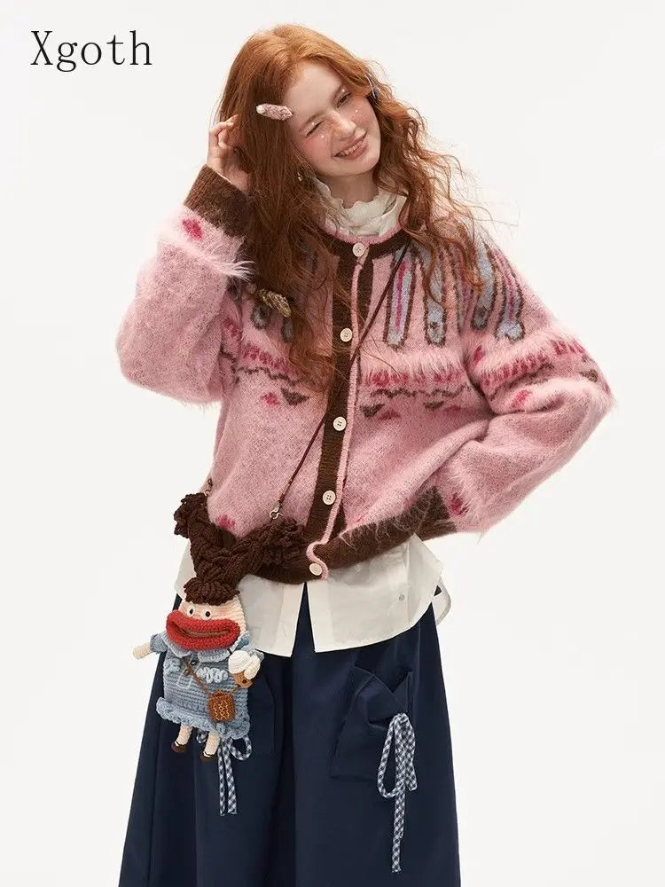 Pink Fel Island Jacquard Sweater Women Clothing - Vusy Kawaii Shop