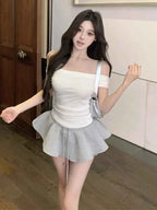 Solid Spliced Lace up Slimming Mini Skirts High Waist
