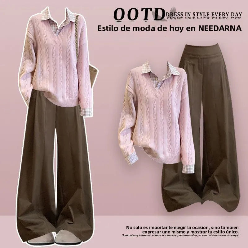 Pink Cable Knit Sweater and Brown Wide Leg Pants Set, pink cable knit sweater with plaid collar and brown wide leg pants full outfit layout