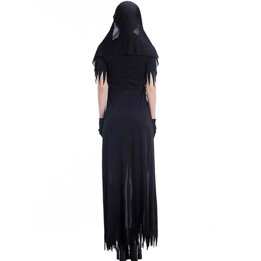Zombie nun costume on model, back view of veil and long black dress