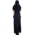 Zombie nun costume on model, back view of veil and long black dress