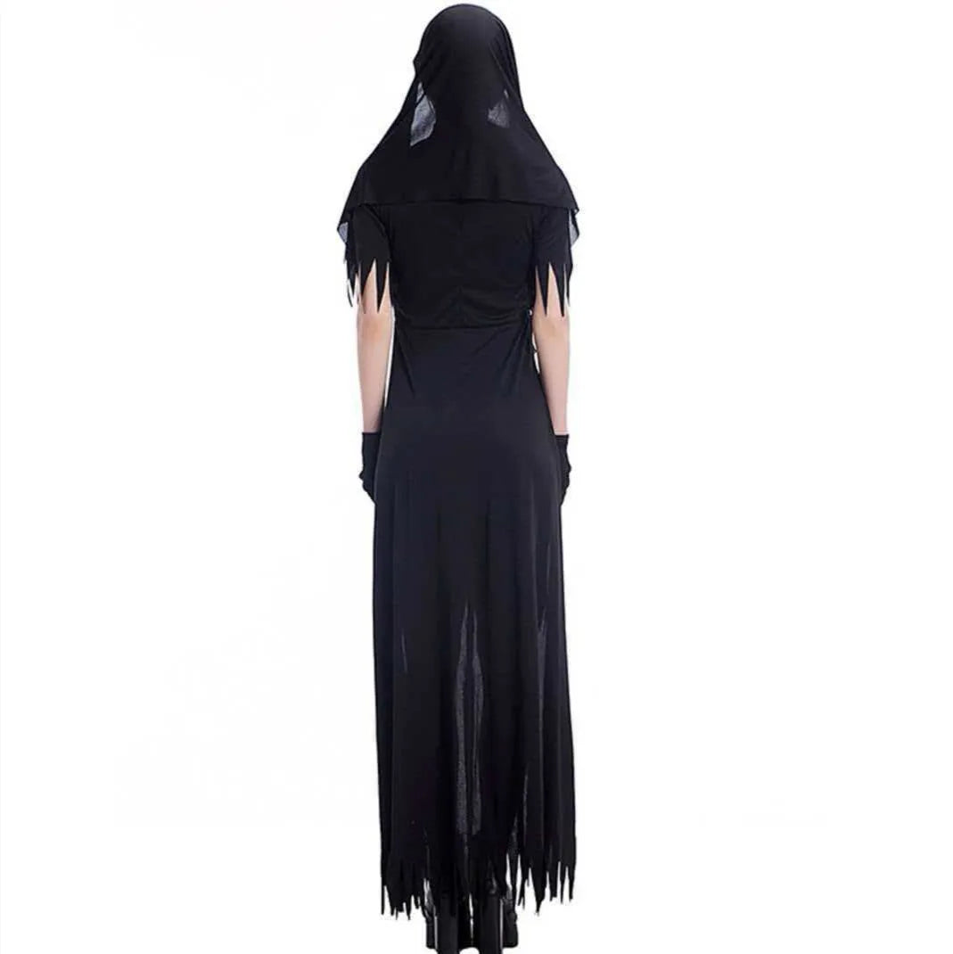 Zombie nun costume on model, back view of veil and long black dress