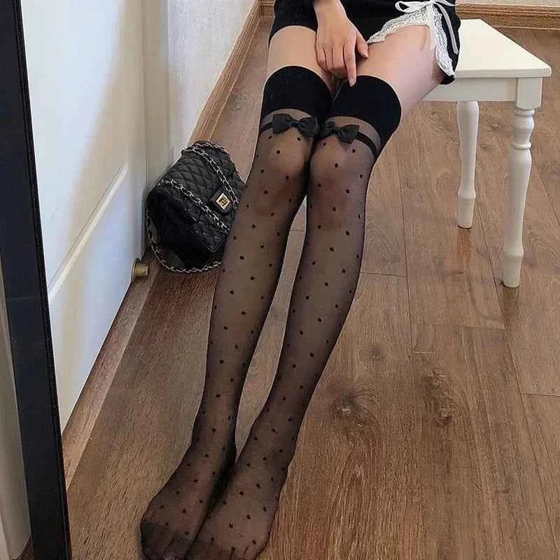 Japanese Style Thigh High Stockings Long Socks Women Cute Sweet Girls Lolita Bow Over Knee Socks Polka Dot Summer Nylon Stocking