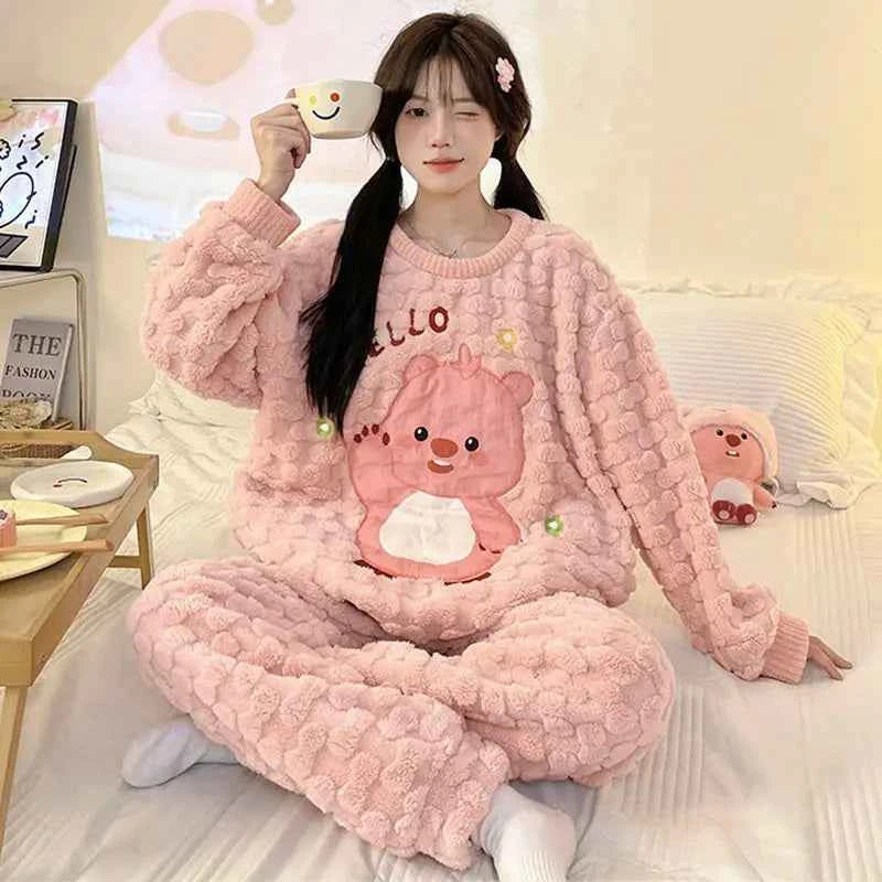 Anime Sanrios Pajamas Set Kawaii Cinnamoroll Cartoon Pajamas Coral Velvet Autumn Winter Warm Nightgown Cute Student Home Clothes