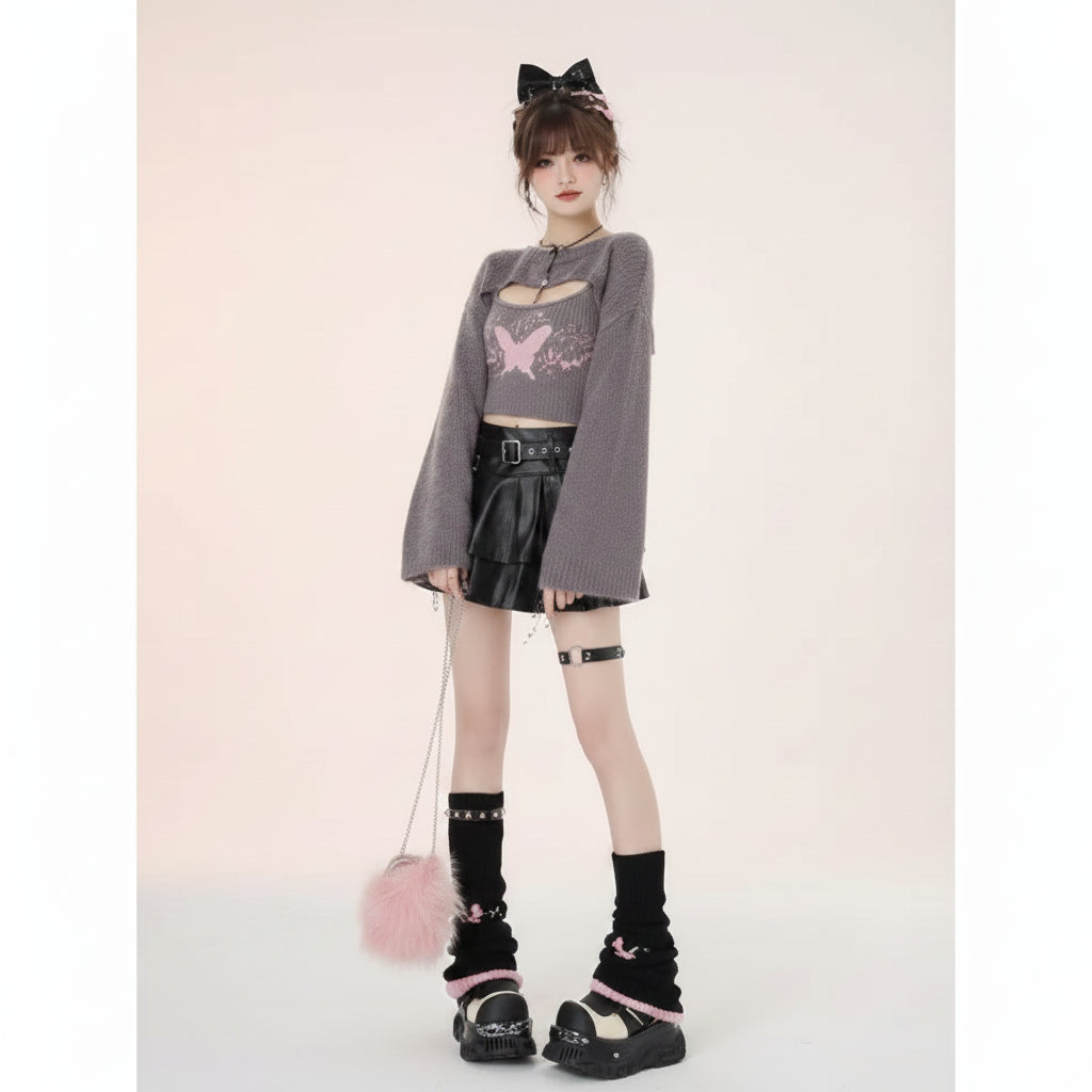 Autumn Girl Cover up Two Piece Knitted Top Print Strap - Vusy Kawaii Shop