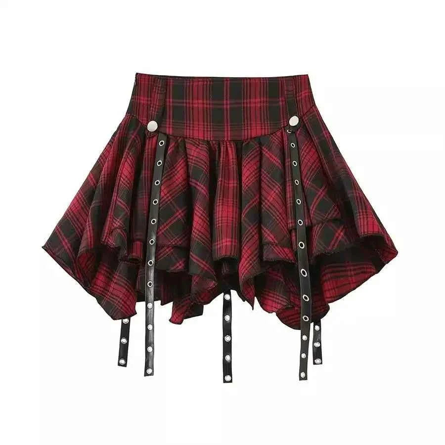 Red Plaid Pleated Skirt Summer Irregular High Waist A-line