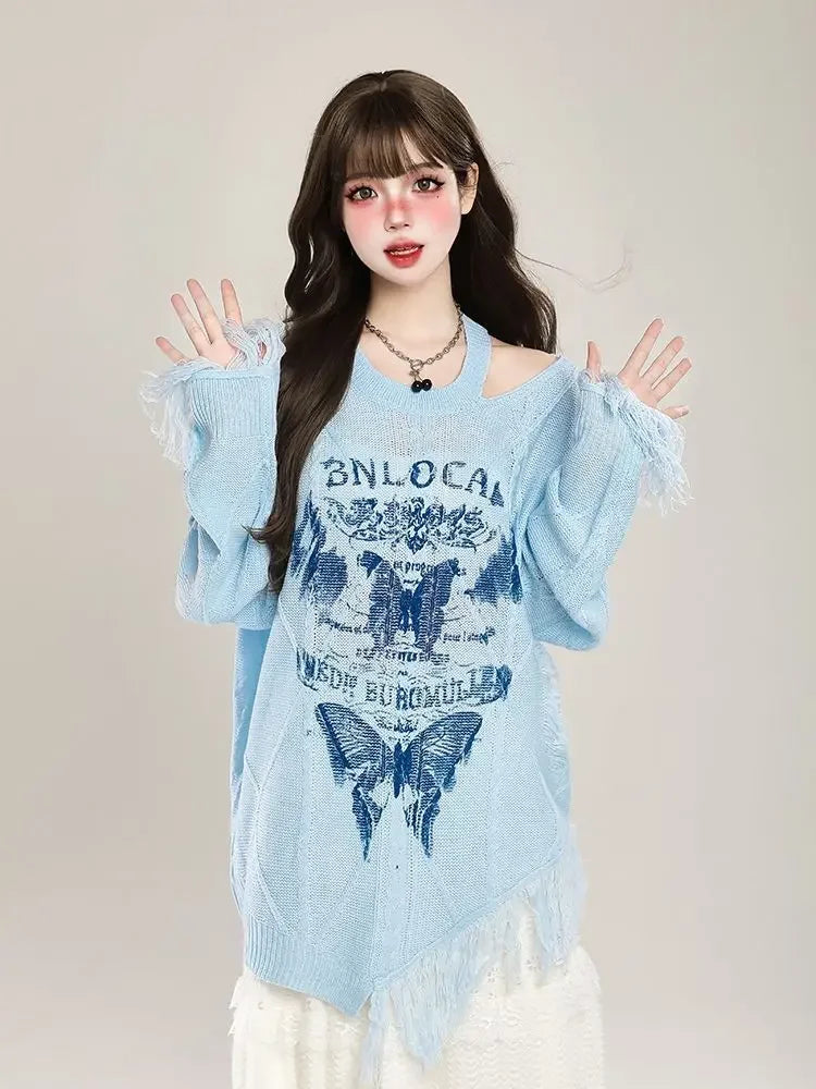 Irregular Butterfly Off Shoulder Sweater Women Clothing - Vusy Kawaii Shop