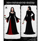 Morticia Addams black velvet gown with slit, front and back view