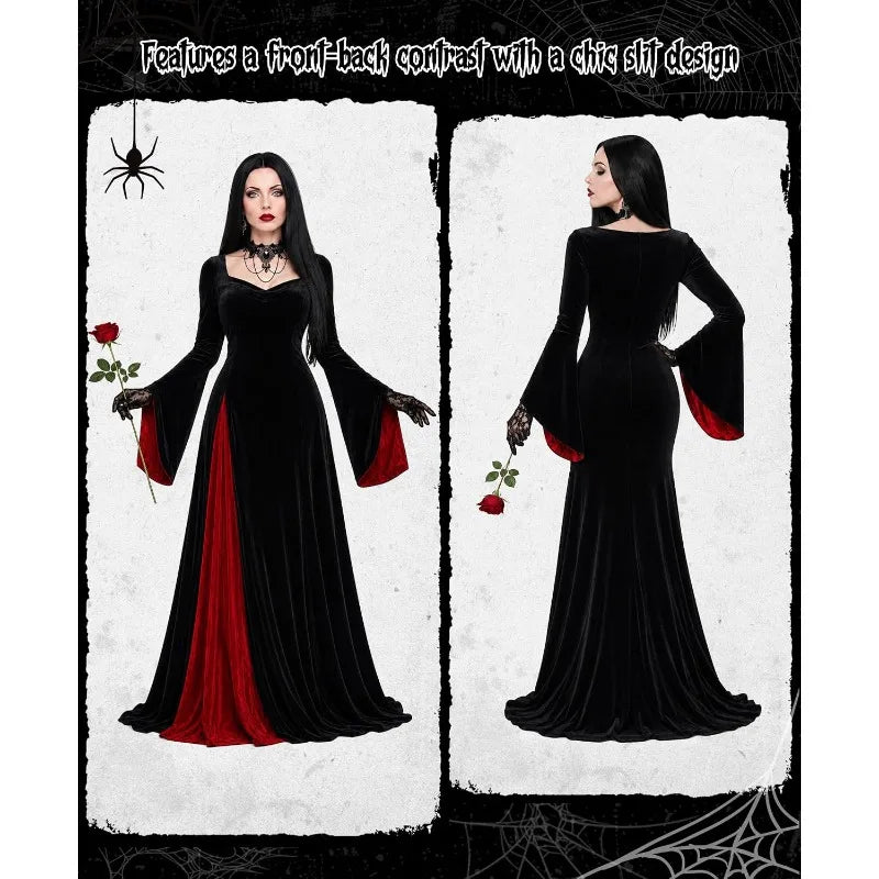 Morticia Addams black velvet gown with slit, front and back view