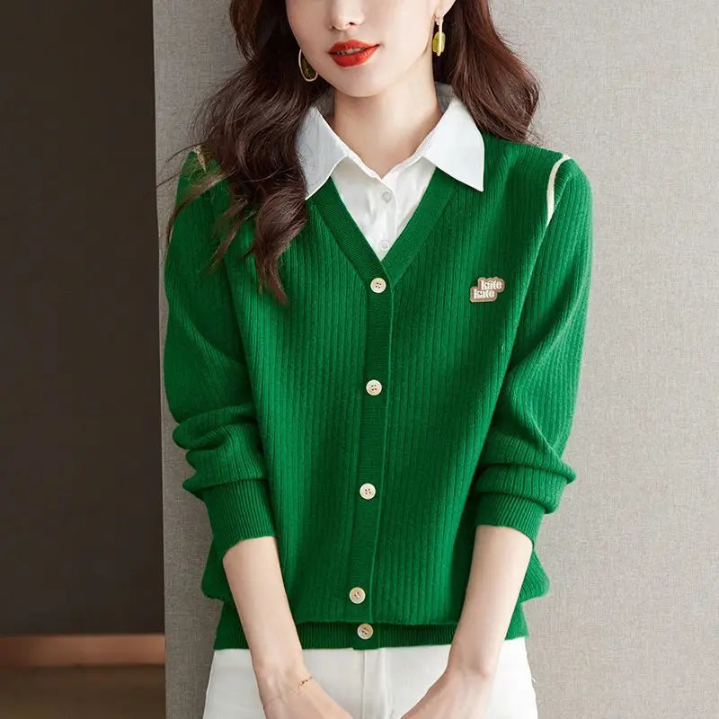 Korean Fashion Polo Collar Patchwork Fake Two Piece Knitted - Vusy Kawaii Shop