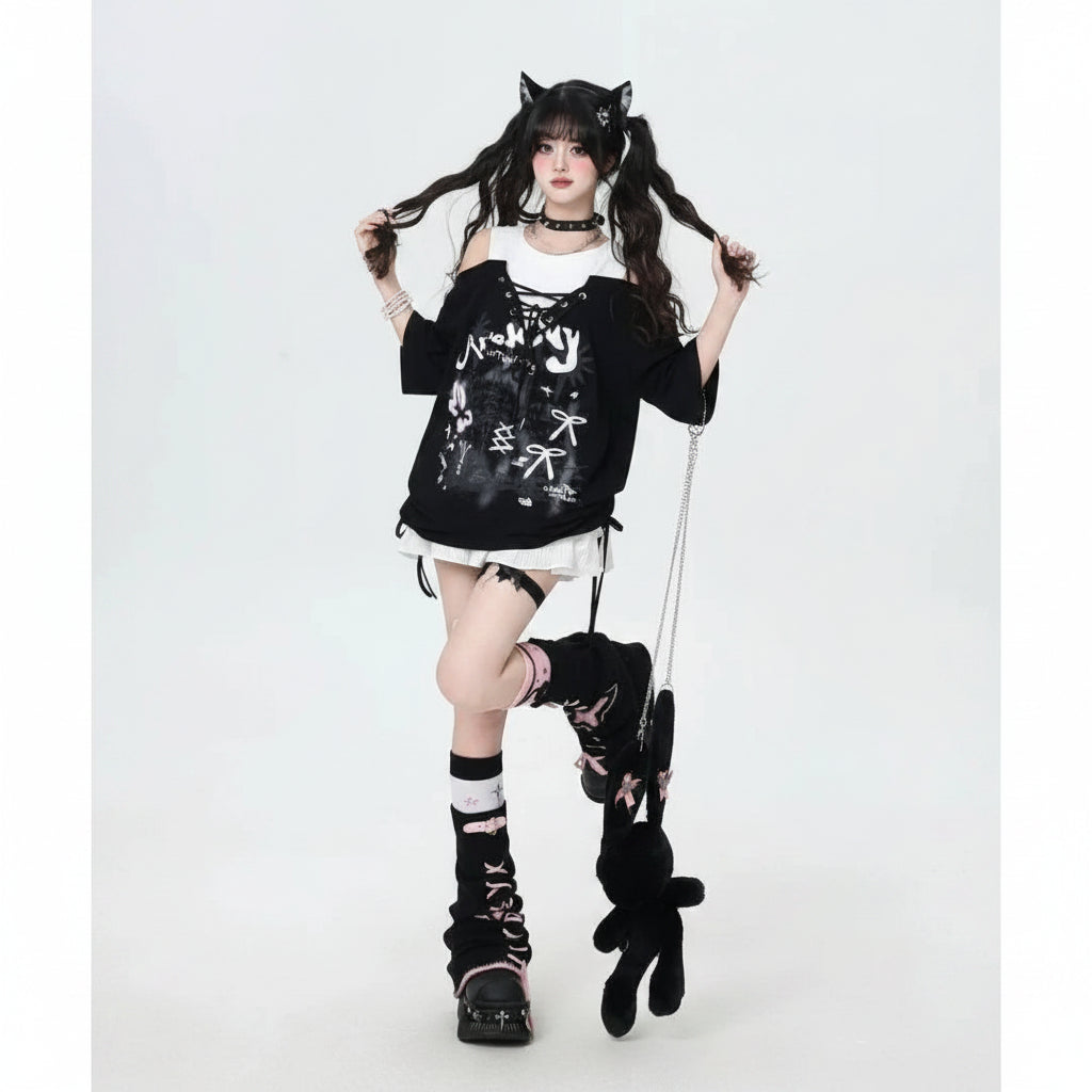 Women Aesthetic Fake Two Pieces Top Harajuku Printing - Vusy Kawaii Shop