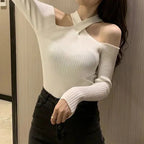 Cross Neck Halter Knit Pullover Warm Off-Shoulder Sweater - Vusy Kawaii Shop