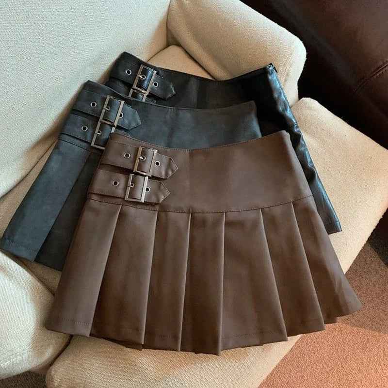 PU Leather Mini Skirts Women Streetwear High Waist Pleated