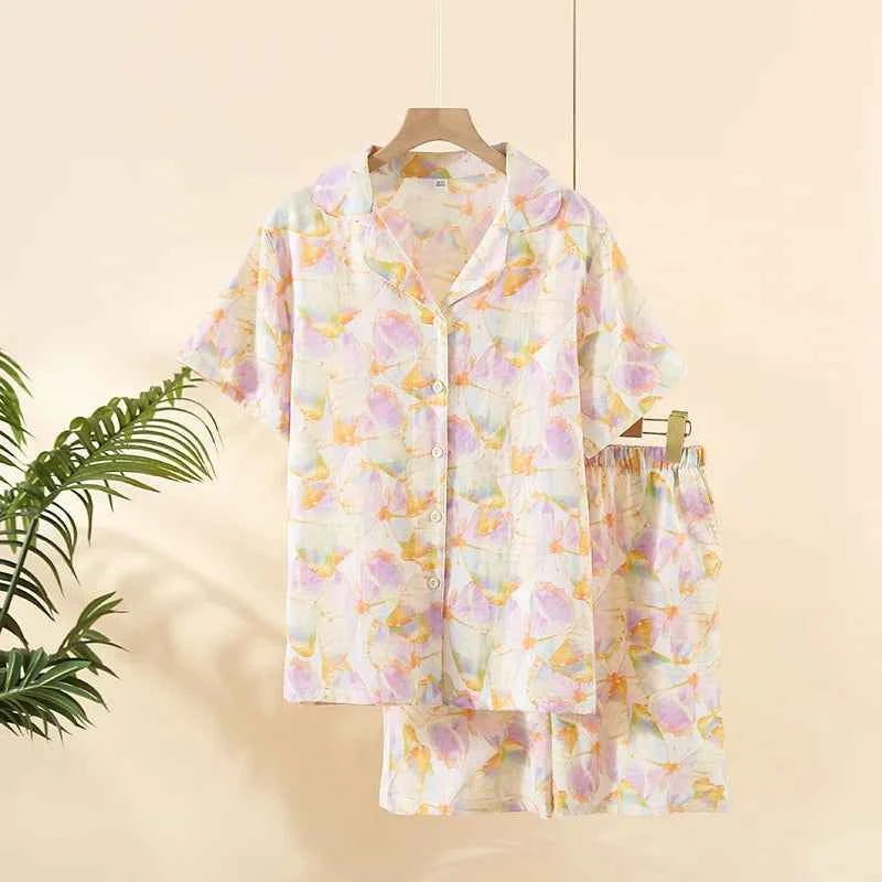 New 100% cotton short-sleeved shorts ladies pajamas set cute cartoon pajamas Japanese simple short pajamas women sleepwear